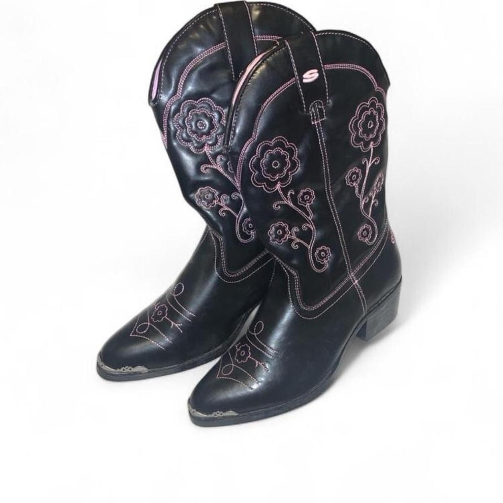 Sketchers Black and Pink Embroidered floral cowgirl Boots faux leather size 5